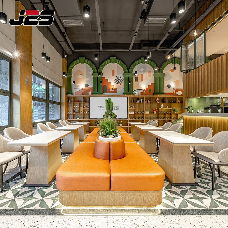 Commercial Marble Cafe Tables Restaurant Seating Furniture Yellow White Upholstered Cafe Chair Black Metal Leg Gold Tip Hotel Seating