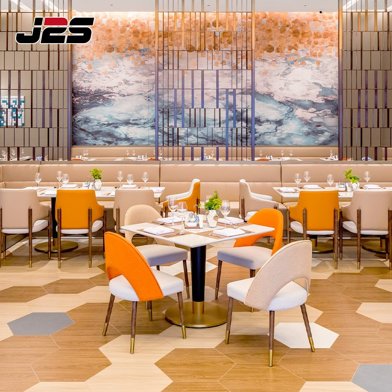 Two Tone Upholstered Chairs with Brass Tips Square Marble Tables Custom Booth Seating Commercial Restaurant Furniture