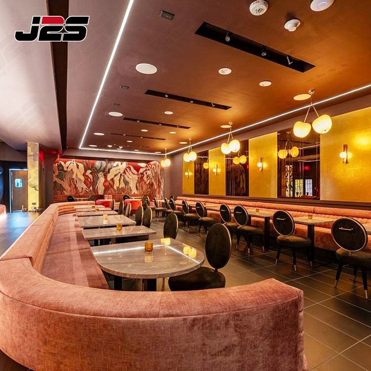 J2s Luxury Commercial Furniture Sets Pink Velvet Curved Booth Seating and Marble Tables for Lounge Club Project