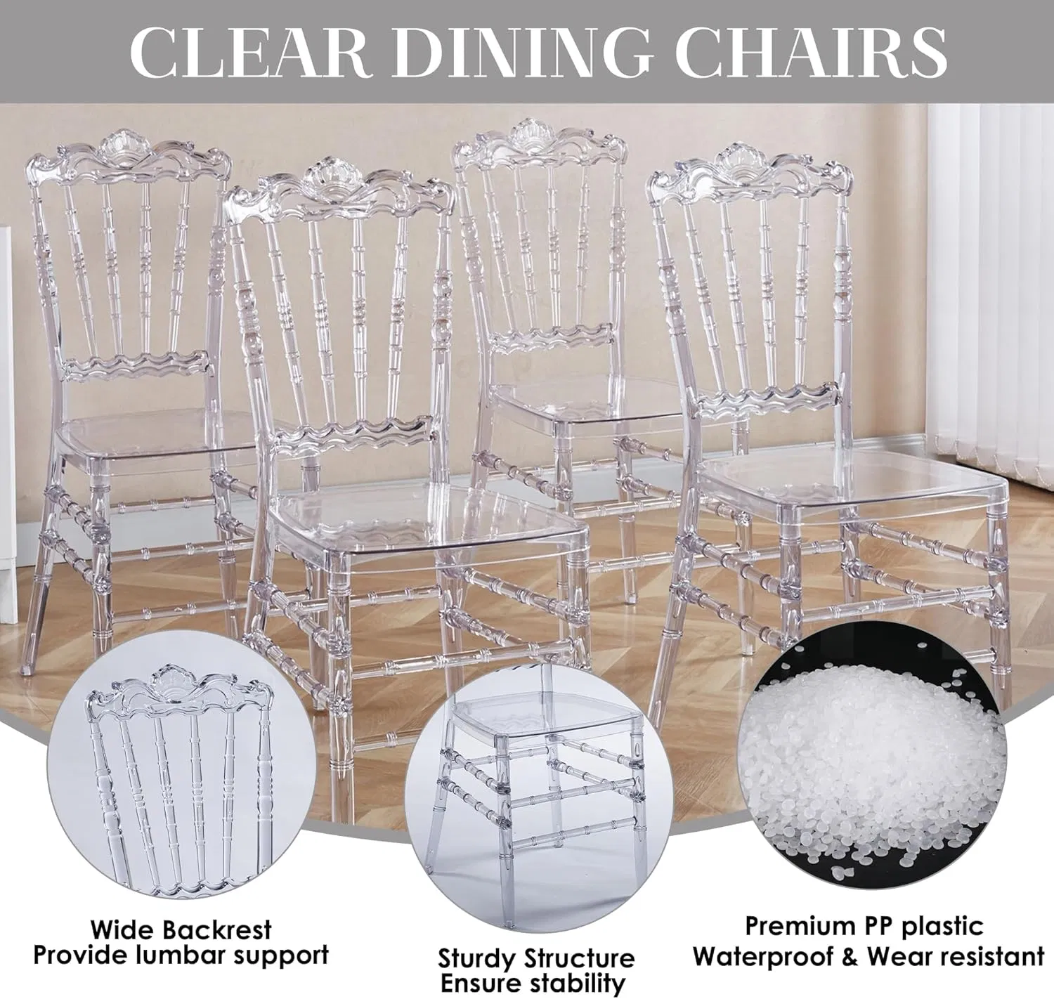 Hot Sale Outdoor Modern Plastic Transparent Napoleon Chiavari Latest Wedding Chair