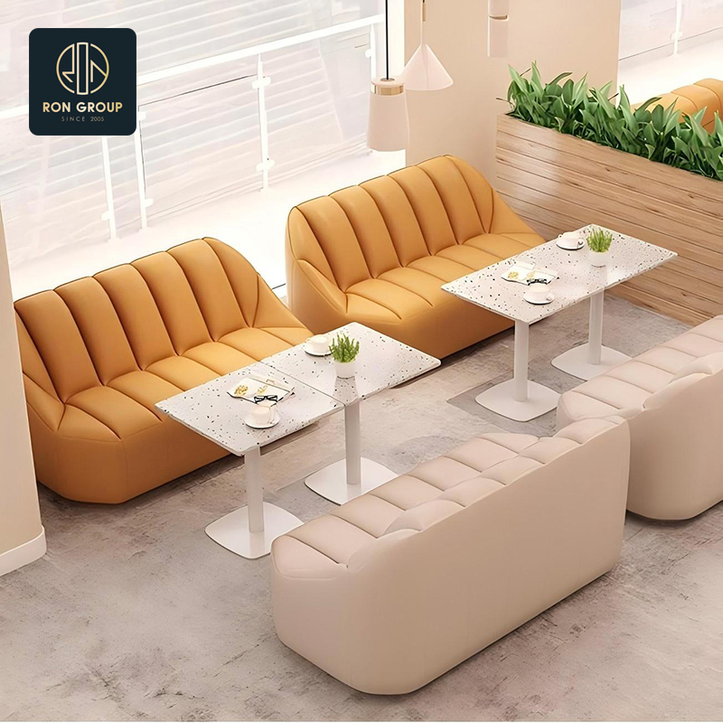 Restaurant Booth Seating Sofa in Orange and Beige with Modular Design and Marble Tables Set