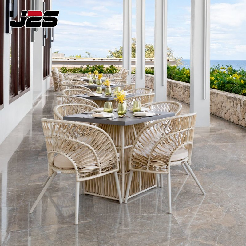 J2s Commercial Outdoor Restaurant Table White Rope Woven Chair Table Set Resort Sea View Terrace