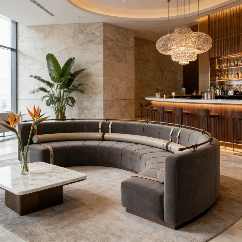 Elegant Spacious Modern Custom Wholesale Soft Comfortable Curved Velvet Upholstered Hotel Lobby Restaurant Booth Seating Furniture