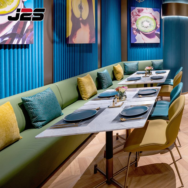 Modern Commercial Restaurant Furniture Boutique Bistro Arrangement Square Stone Tables Upholstered Seats Booth Seating