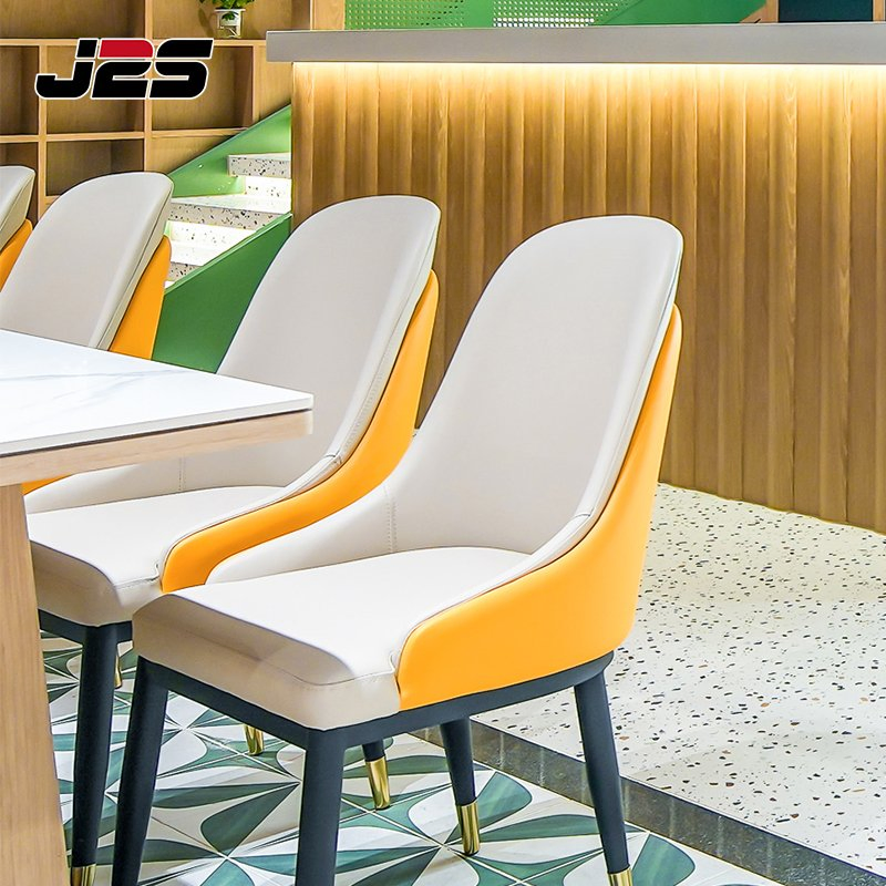 Commercial Marble Cafe Tables Restaurant Seating Furniture Yellow White Upholstered Cafe Chair Black Metal Leg Gold Tip Hotel Seating