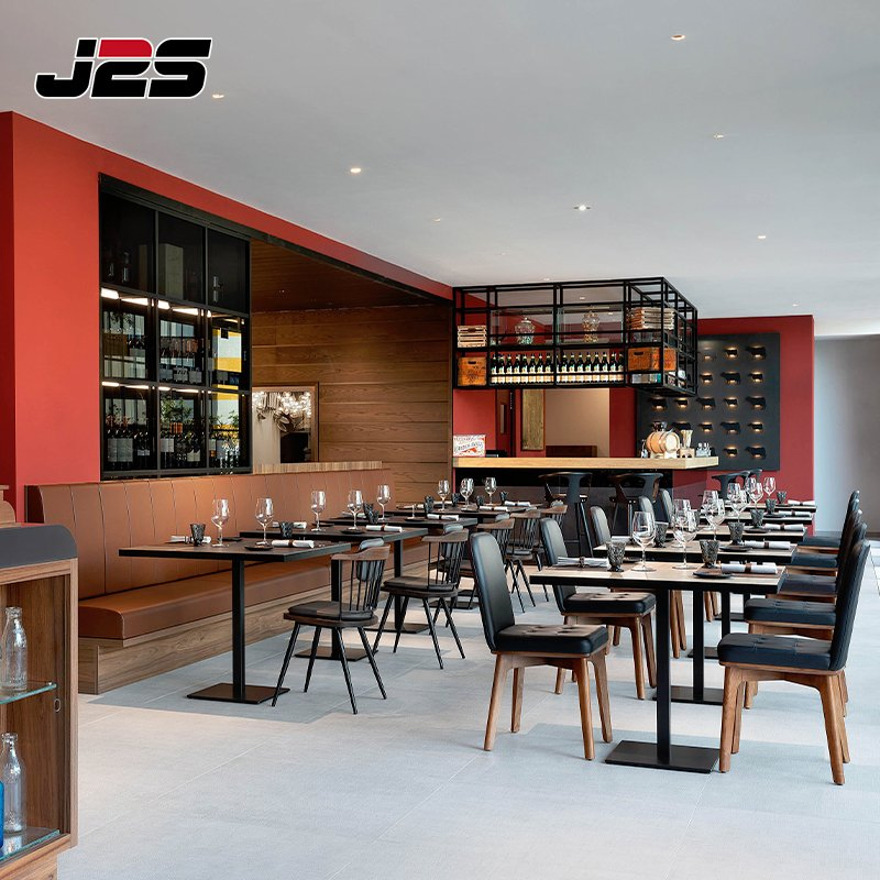 Commercial Modular Restaurant Banquette Seating Furniture Outdoor Black Square Table Solid Wood Leather Armchair Set for Hotel Patio