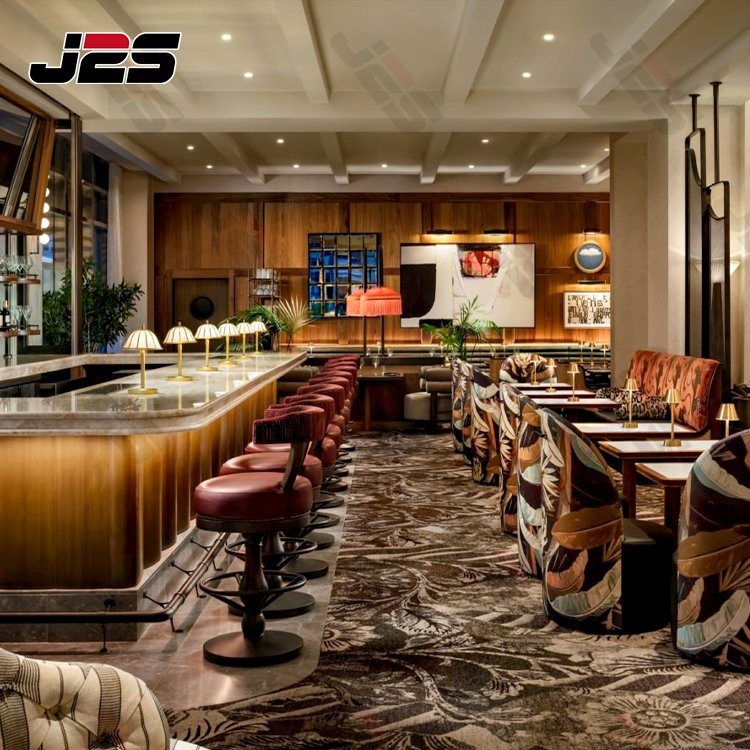 J2s Luxury Modern Restaurant Furniture Set with Upholstered Booth Seating Rattan Restaurant Chairs and Solid Wood Tables for Hotel Cafe Bar
