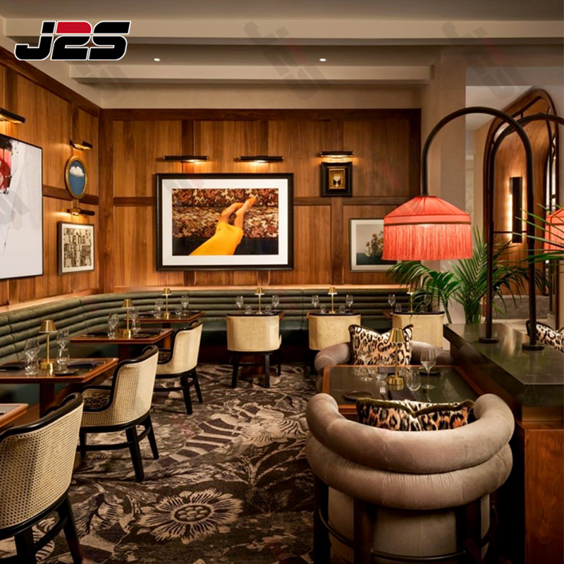 J2s Luxury Modern Restaurant Furniture Set with Upholstered Booth Seating Rattan Restaurant Chairs and Solid Wood Tables for Hotel Cafe Bar