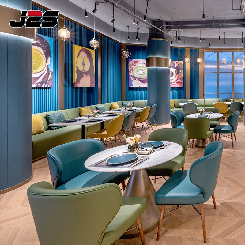 Modern Commercial Restaurant Furniture Boutique Bistro Arrangement Square Stone Tables Upholstered Seats Booth Seating