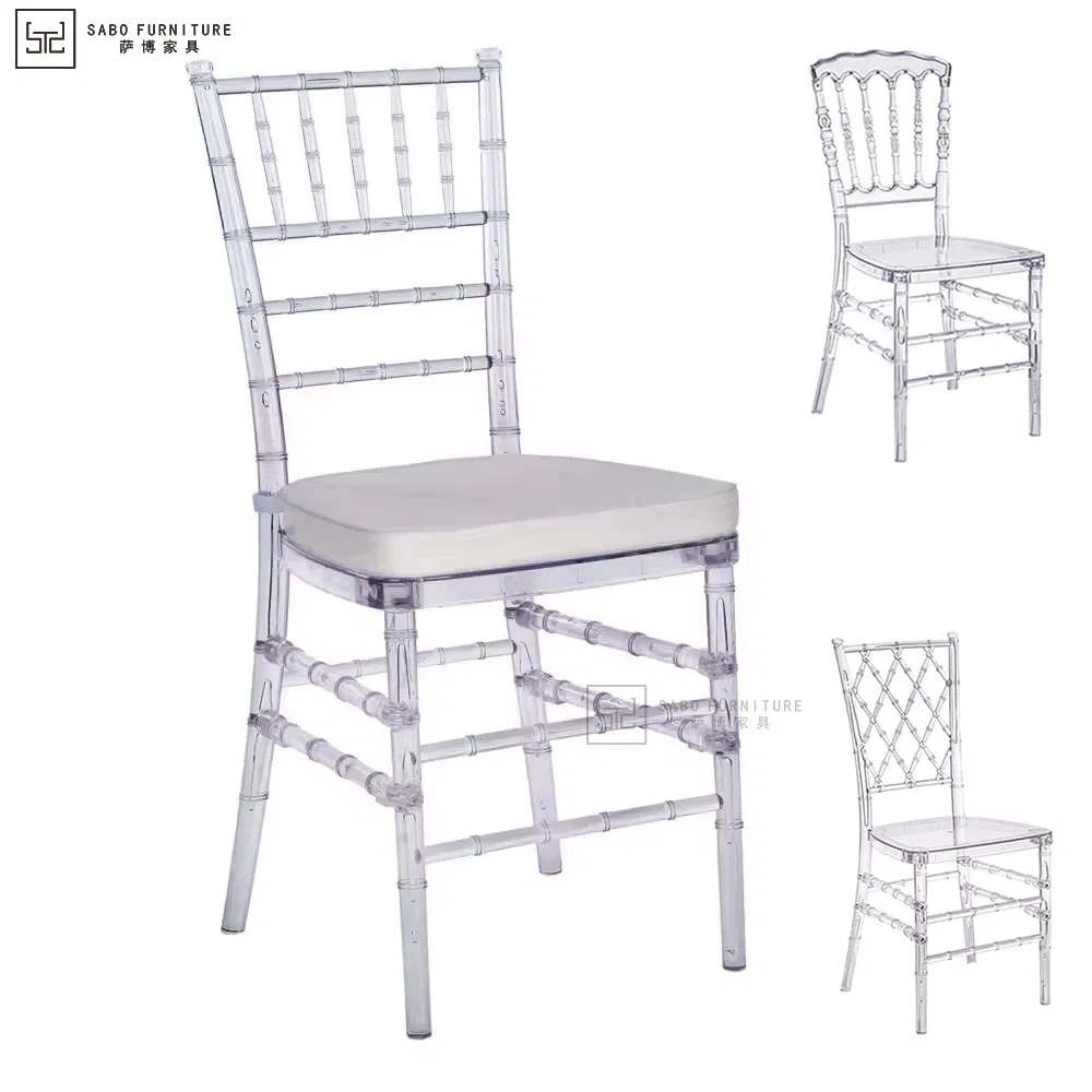 Clear Plastic Resin Chivari Tiffany Hotel Chiavari Chairs and White Cushions Wholesale Sale Stackable Transparent Crystal Acrylic Party Wedding Chair for Event