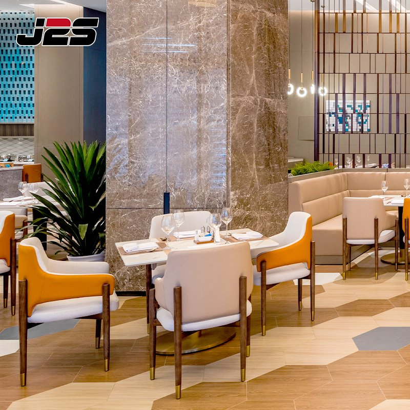 Two Tone Upholstered Chairs with Brass Tips Square Marble Tables Custom Booth Seating Commercial Restaurant Furniture