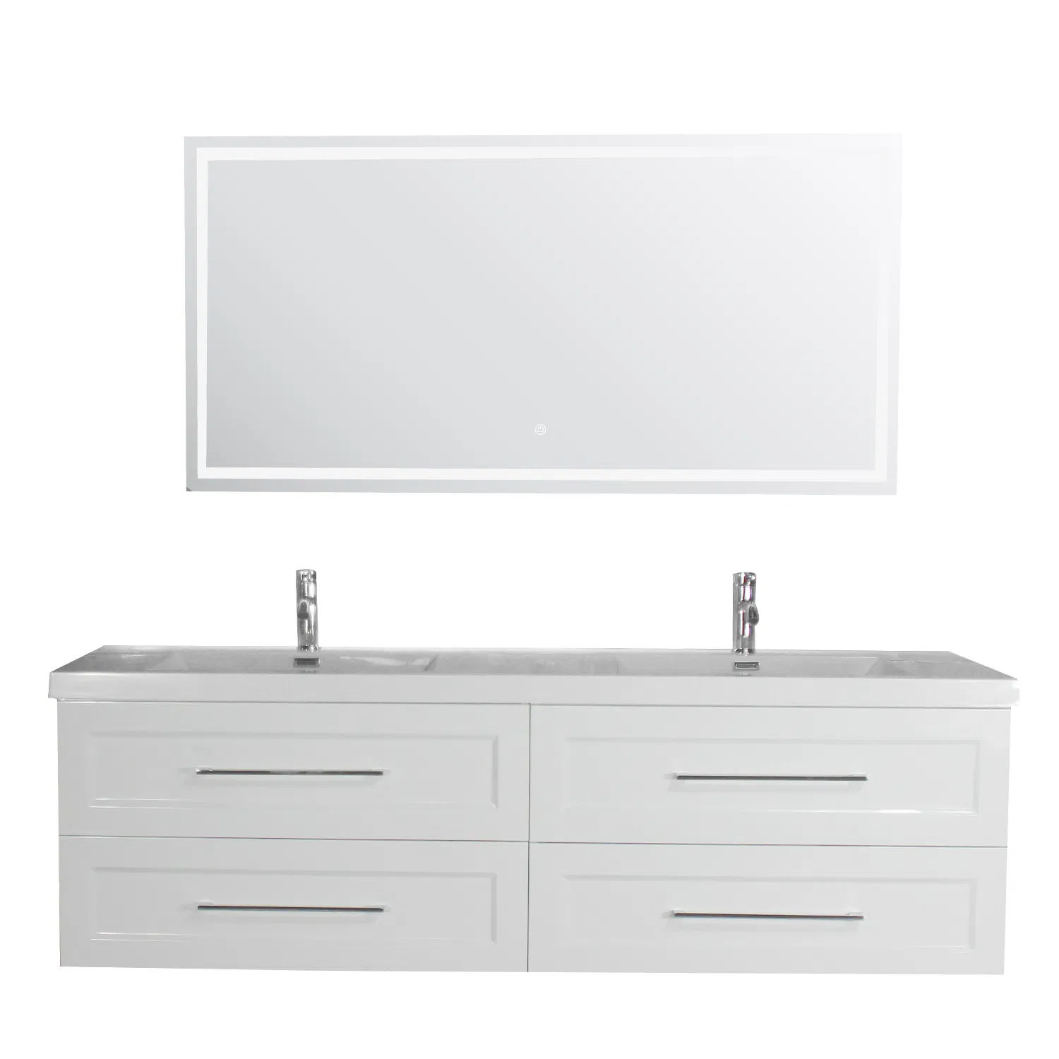 60 Inch Modern Bathroom White High Gloss Painting Plywood Wall Mounted Vanity Unit Cabinet Furniture with LED Mirror