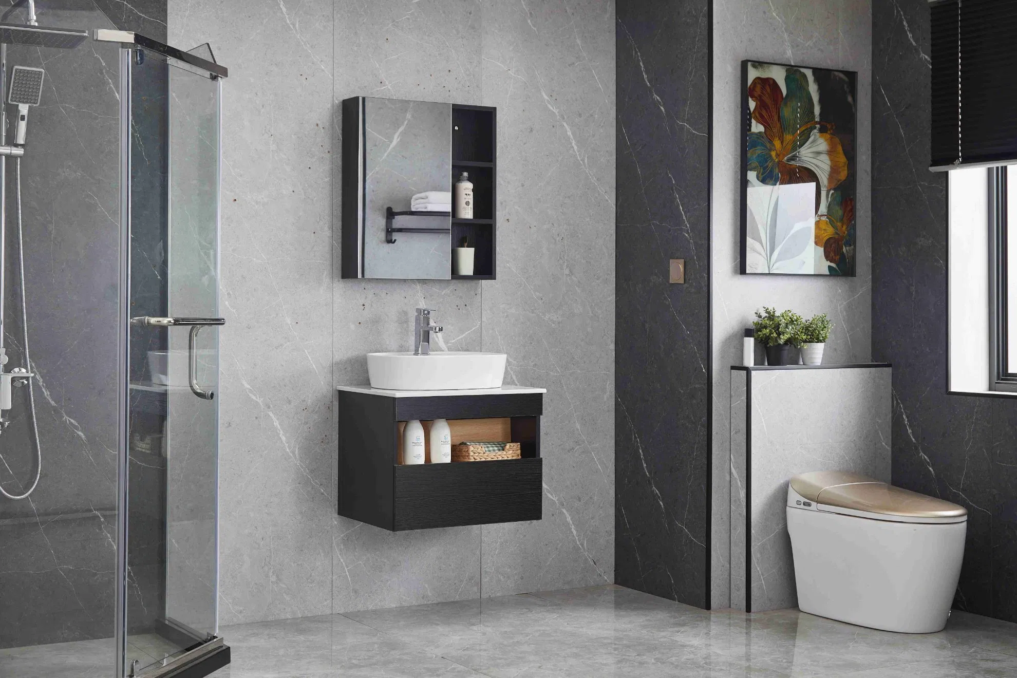 Black Plywood Material Bathroom Furniture with Mirror Cabinet