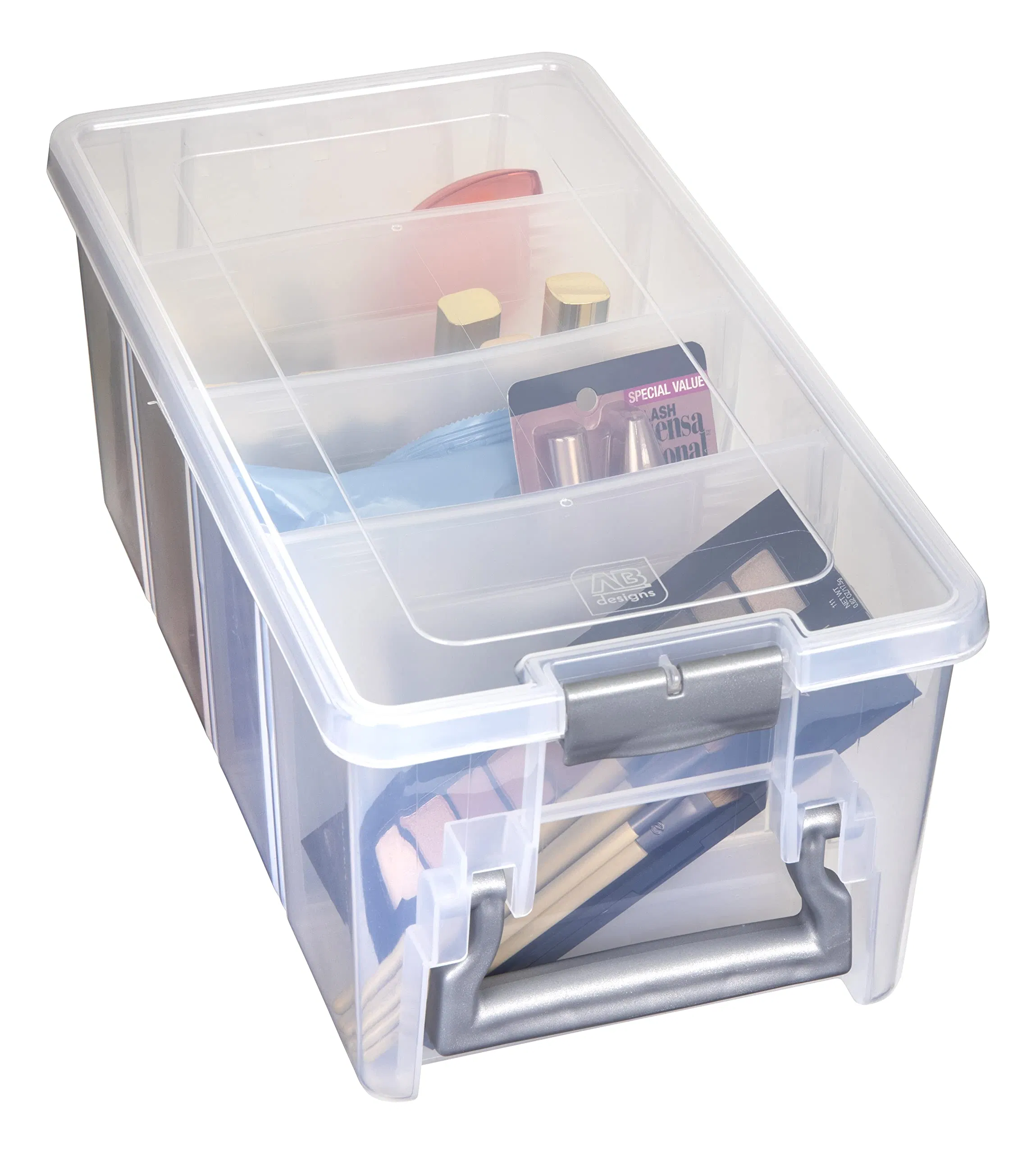 Semi Satchel with Removable Dividers Stackable Home Storage Organization Container Clear with Sliver Latches and Handle