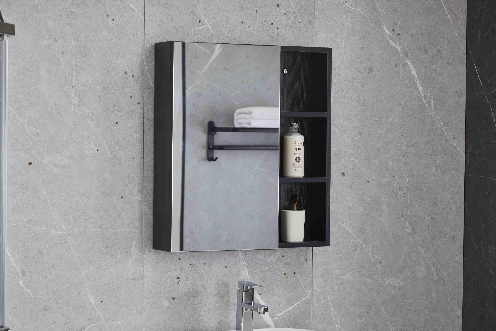 Black Plywood Material Bathroom Furniture with Mirror Cabinet