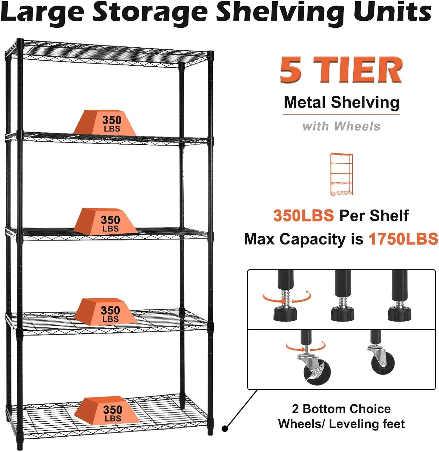 Five Tier Shelving Unit with Wheels, Adjustable Metal Storage Racks for Kitchen Garage Use