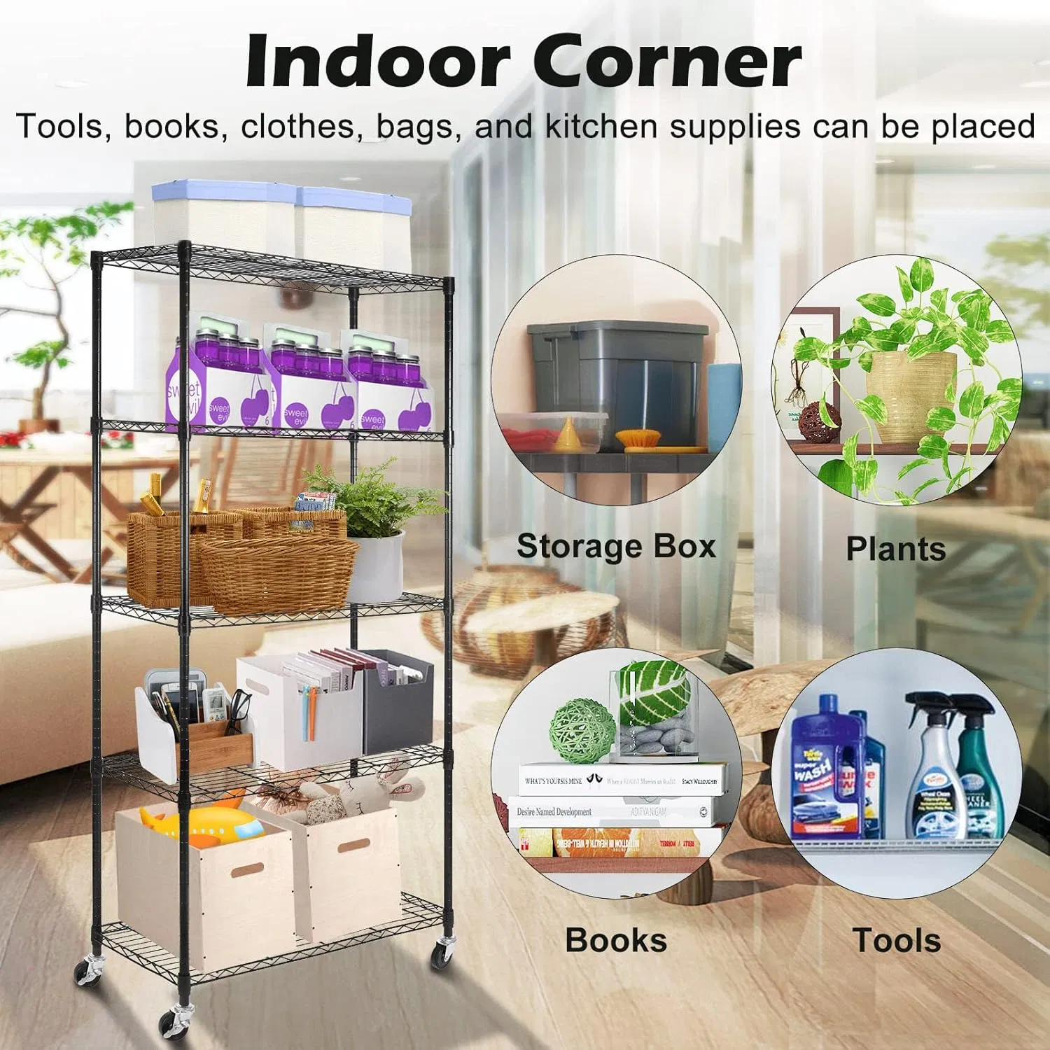 Five Tier Shelving Unit with Wheels, Adjustable Metal Storage Racks for Kitchen Garage Use