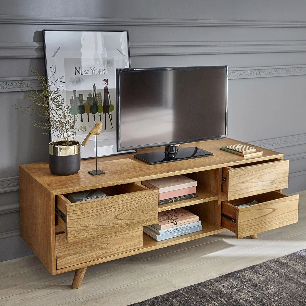 Classic Homey Solid Wood TV Stand with Metal Frame &amp; Multi - Drawer Storage Cabinet for Family Room or Bedroom