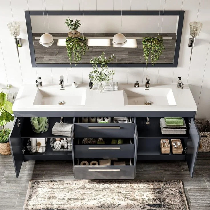 European Style Bathroom Cabinet Drawers Solid Wood Double Sink Sintered Stone Countertop Frame Mirror Bath Vanity Home Furniture