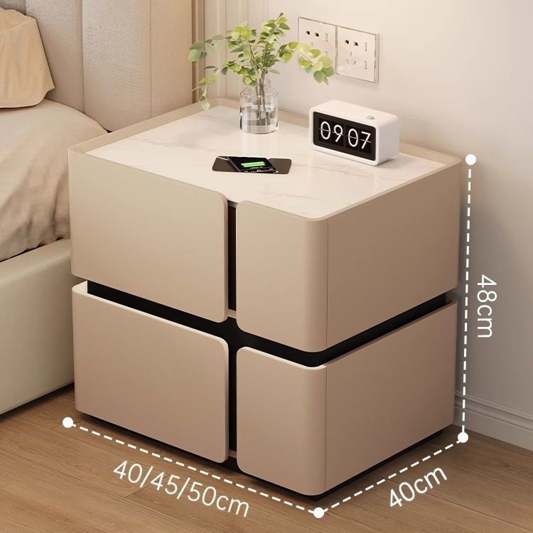 Smart Wooden Bedside Table with Wireless Charging, Bluetooth Speakers &amp; LED Light High-End 3-Color LED Light Storage Drawers Bedroom Furniture