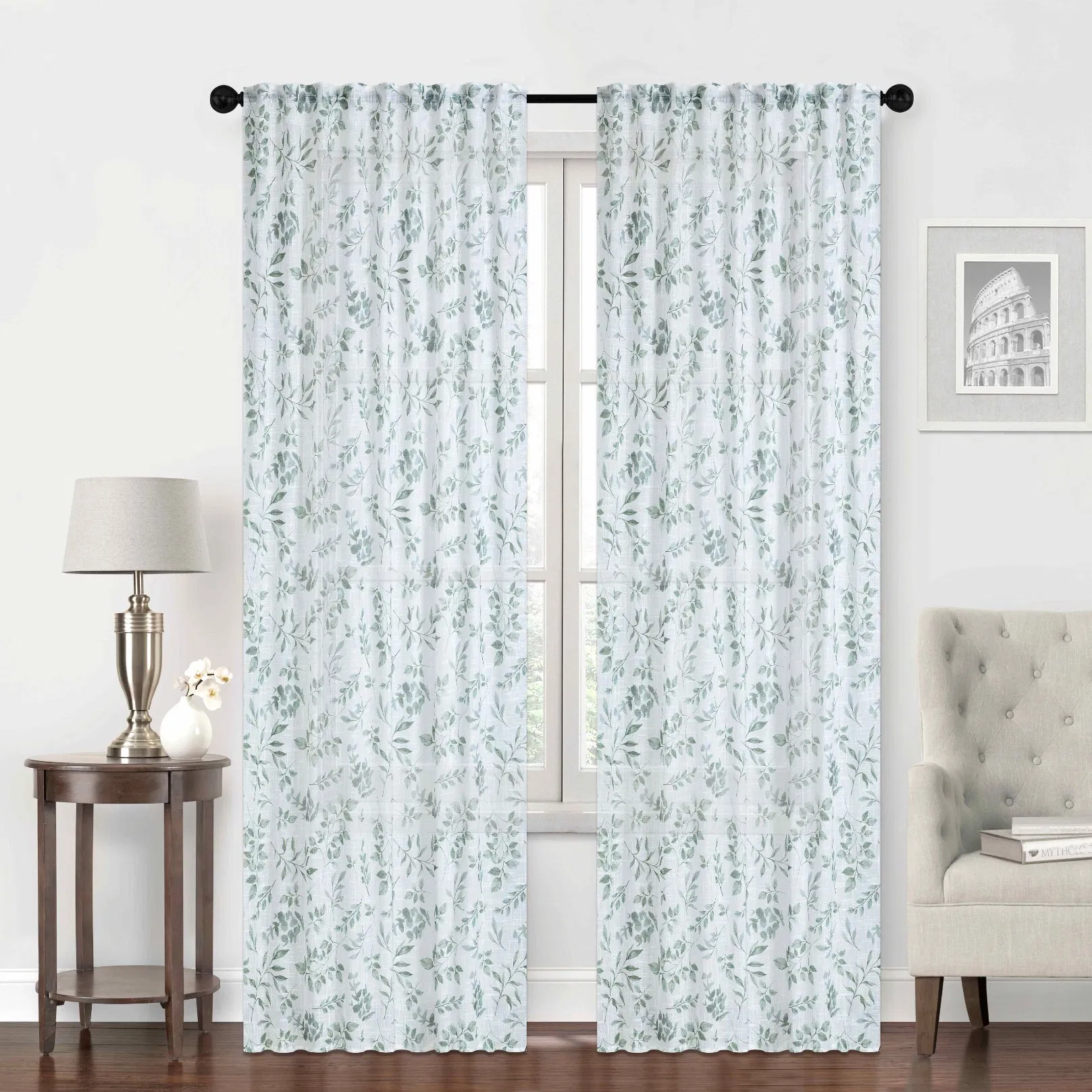 Sheer Curtains Embroidered Leaf Pattern Pocket Faux Linen Floral Semi Sheer Voile Window Curtains/Drapes for Bedroom Living Room