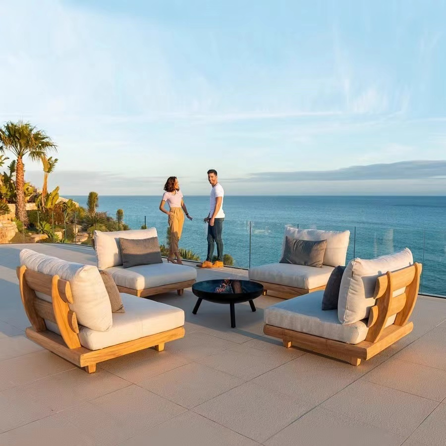 Tg Modern Waterproof Teak Wood Outdoor Furniture Living Room Balcony Garden Patio Hotel Sectional Sofa with Cushions
