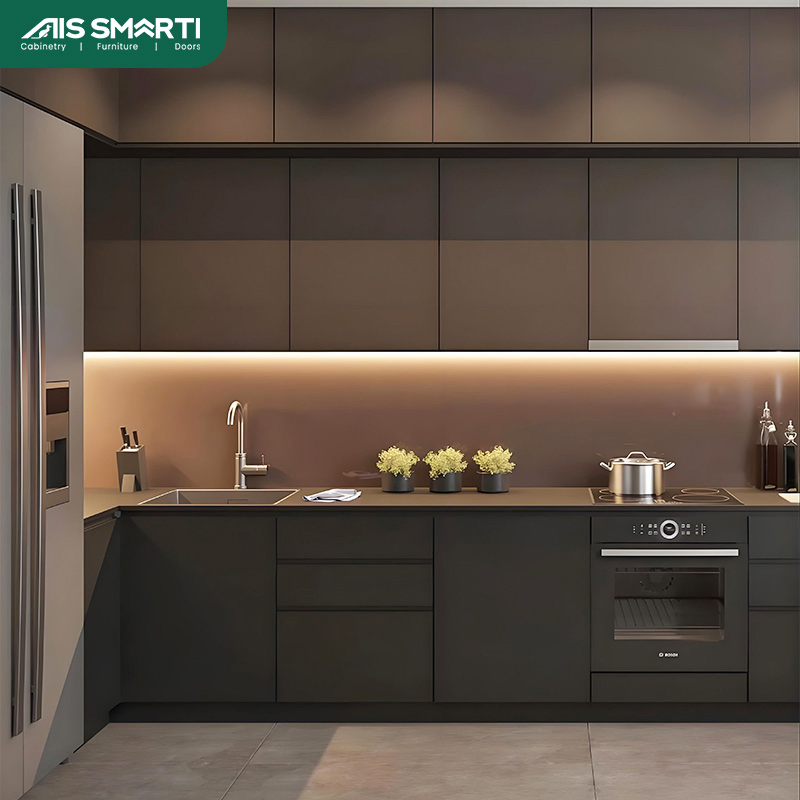 AIS 2025 Modern Custom Brown Veneer Kitchen Furniture Solid Wood Melamine Kitchen Handles Cabinet Sets with Island From China