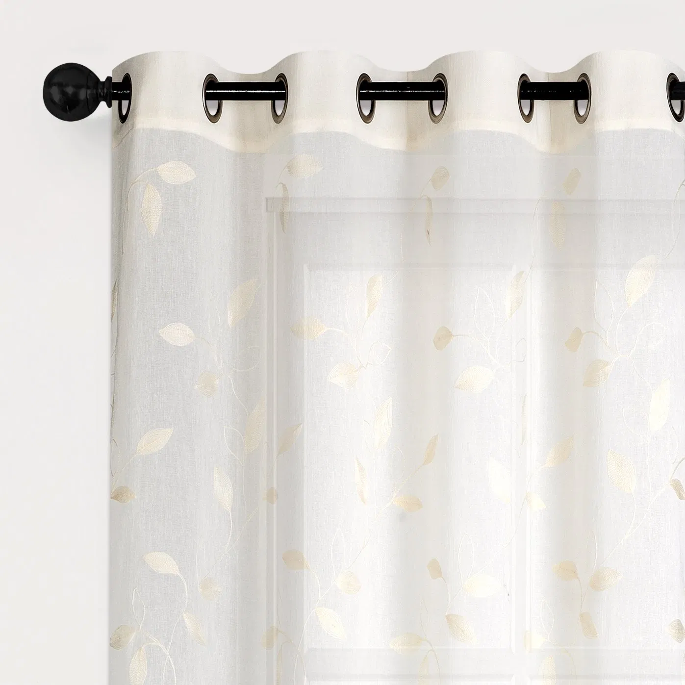 Leaf Sheer Curtains Embroidered Floral Farmhouse Light Filtering Window Silver Sheer Drapes for Living Room Bedroom