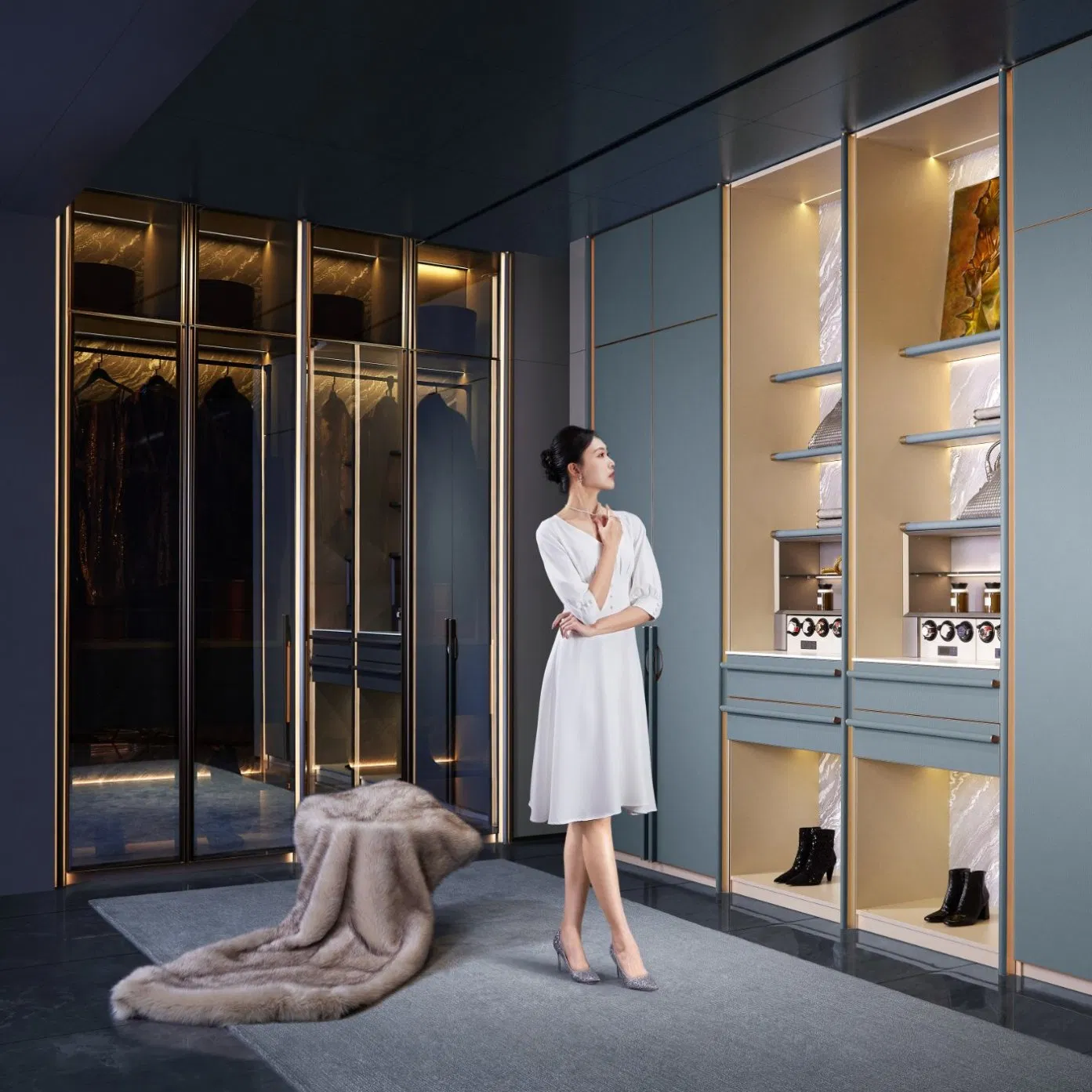 Eastern Aristocratic Traditional Luxury Leather Pattern Baking Paint Acrylic Wooden Kitchen Livingroom Wood Morden Home Furniture