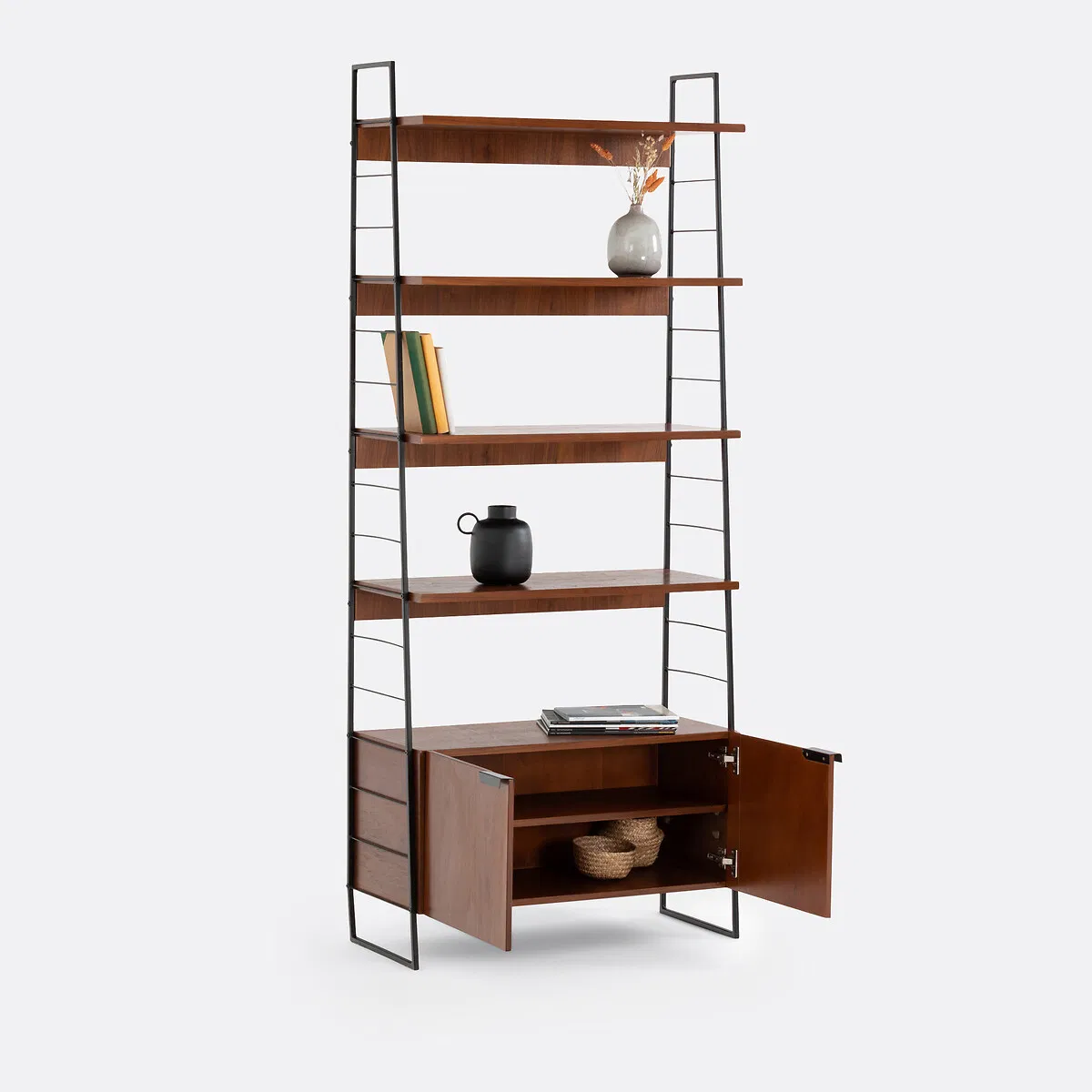 Walnut Wood &amp; Black Metal Open Storage Shelving Unit with Bottom Cabinet