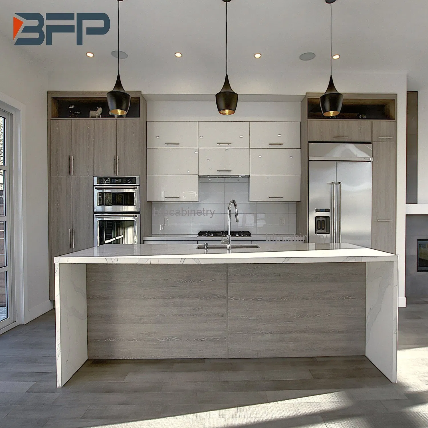 White Glossy Modern Island Style Kitchen Customized Furniture