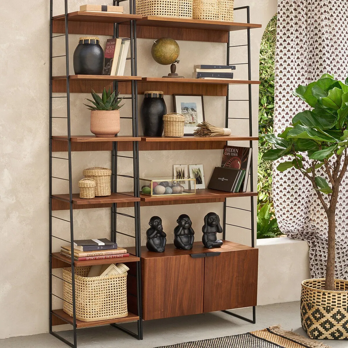Walnut Wood &amp; Black Metal Open Storage Shelving Unit with Bottom Cabinet