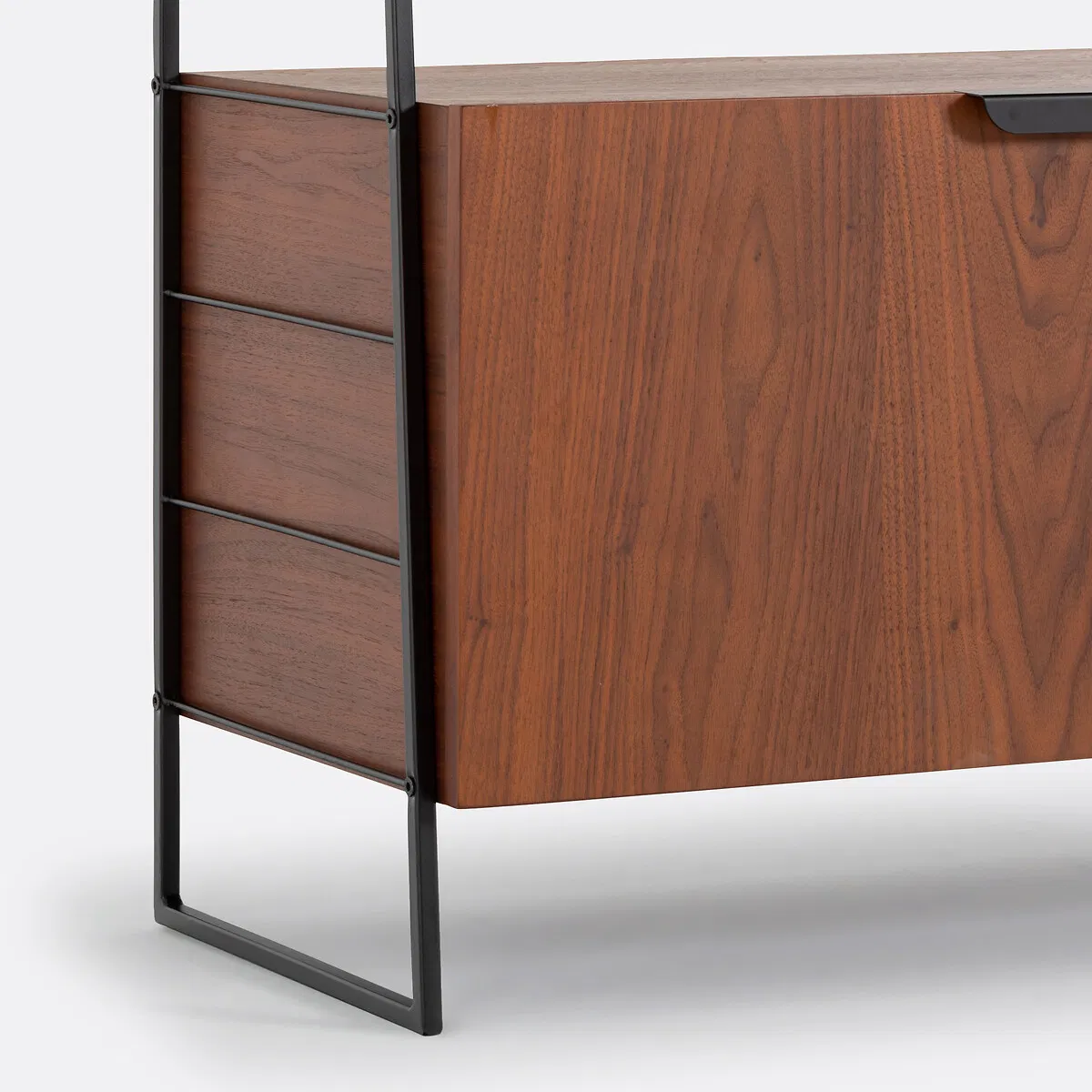 Walnut Wood &amp; Black Metal Open Storage Shelving Unit with Bottom Cabinet