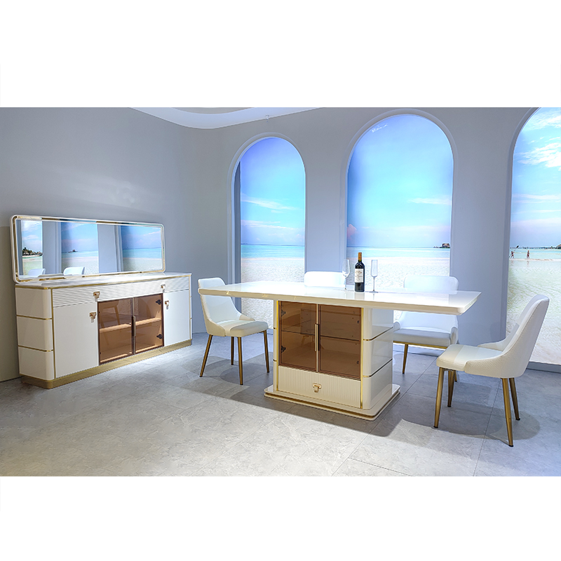 Modern Design Wood White Dining Room Furniture Full Luxury Wooden Wine Cabinet Side Cabinet 6 Chairs Dining Table Set