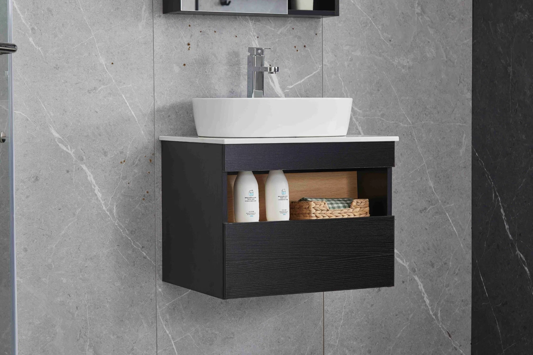 Black Plywood Material Bathroom Furniture with Mirror Cabinet