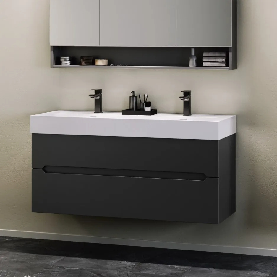Modern Plywood Sink Furniture Floating Bathroom Vanity Combo with Marble Top Ceramic Basin Side Box Chest of Drawers Lighting Mirror Medicine Cabinet
