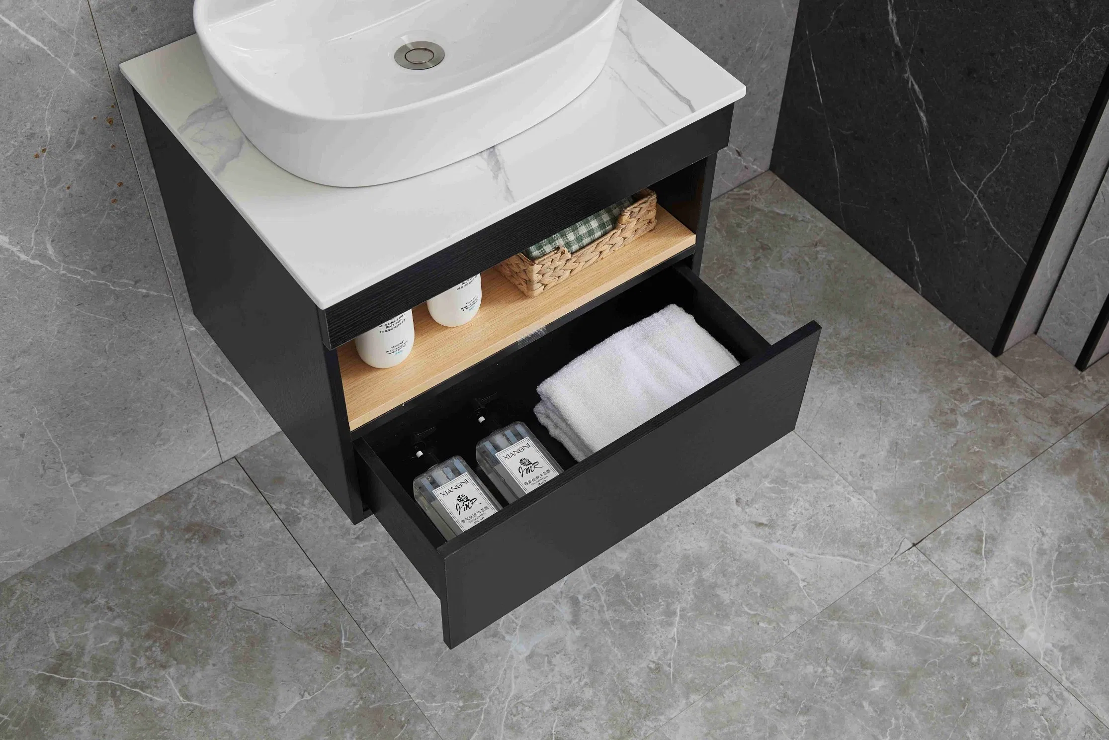 Black Plywood Material Bathroom Furniture with Mirror Cabinet