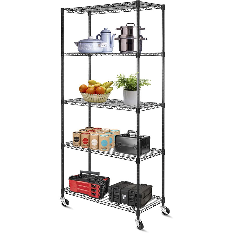 Five Tier Shelving Unit with Wheels, Adjustable Metal Storage Racks for Kitchen Garage Use