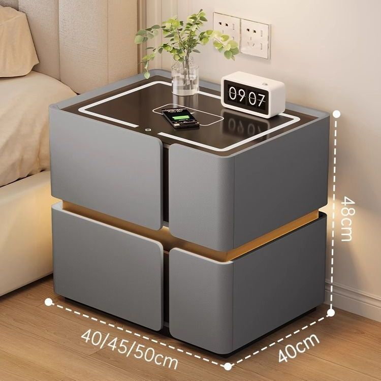Smart Wooden Bedside Table with Wireless Charging, Bluetooth Speakers &amp; LED Light High-End 3-Color LED Light Storage Drawers Bedroom Furniture