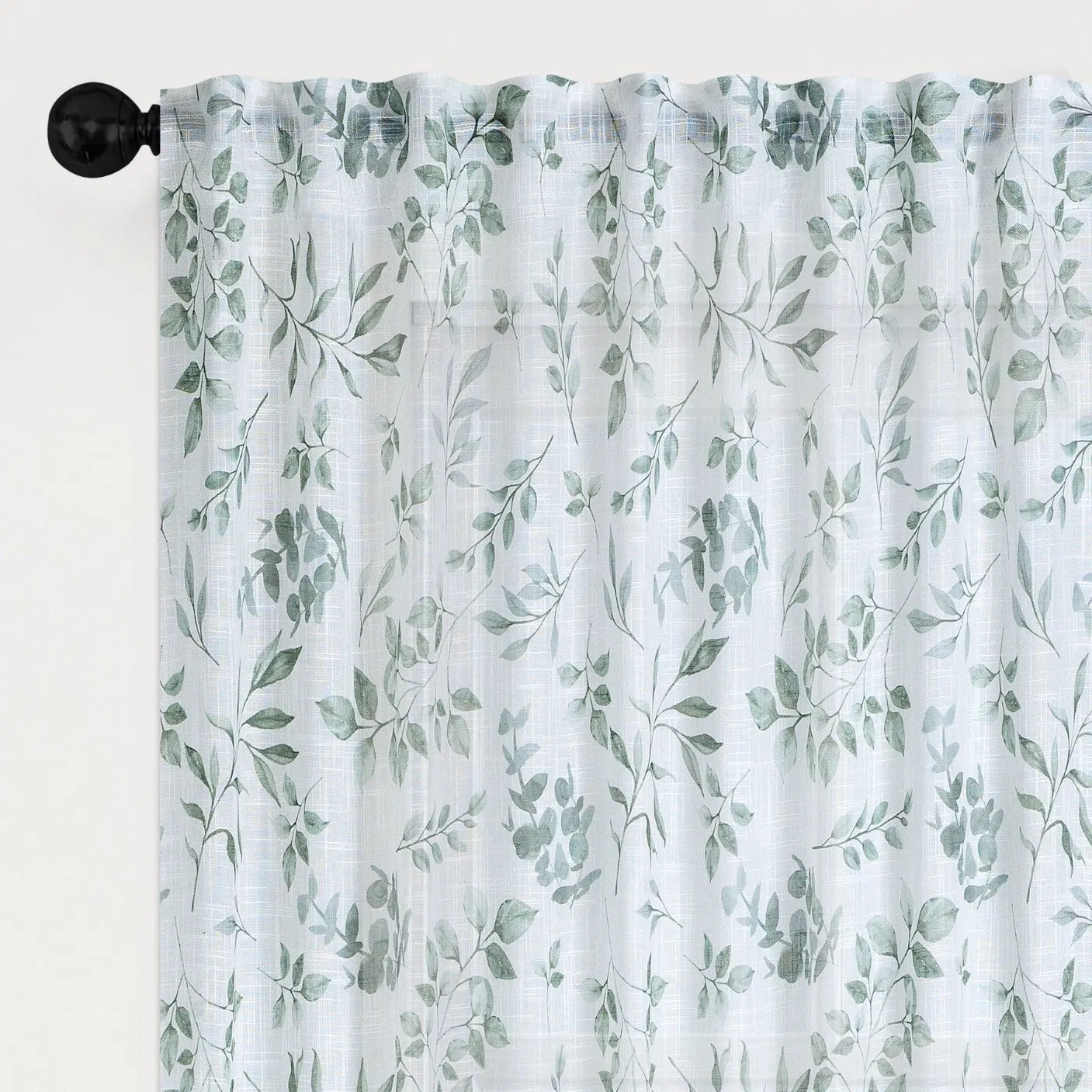 Sheer Curtains Embroidered Leaf Pattern Pocket Faux Linen Floral Semi Sheer Voile Window Curtains/Drapes for Bedroom Living Room