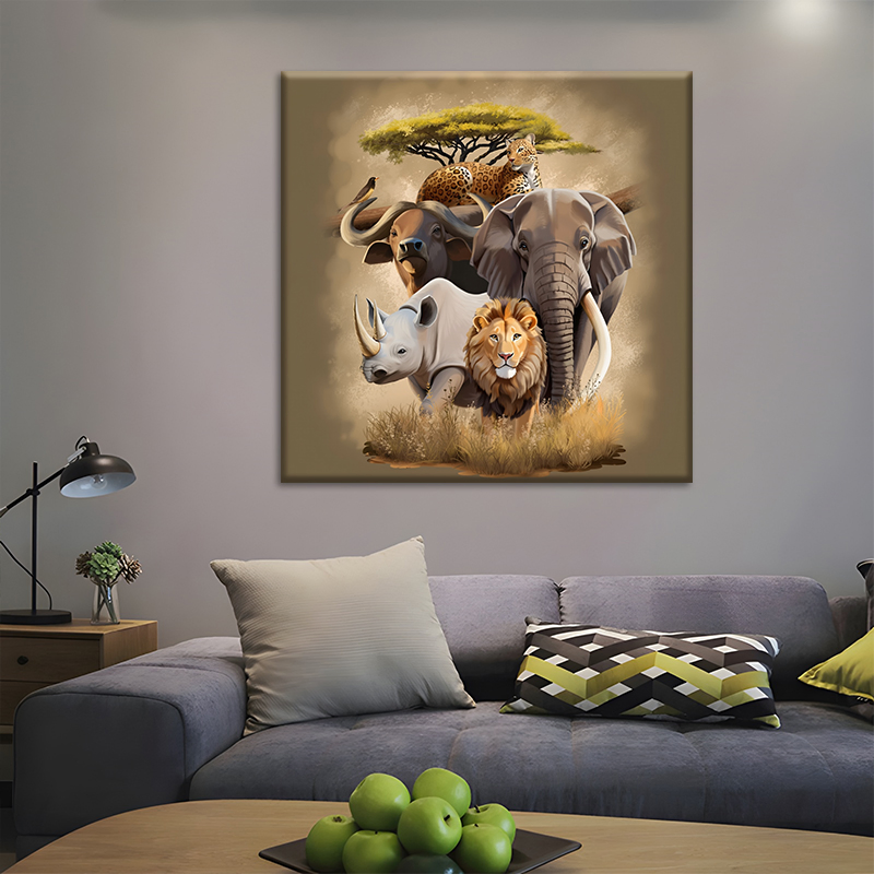 African Big Five Safari Animals Canvas Art, Wildlife Home Wall Decor