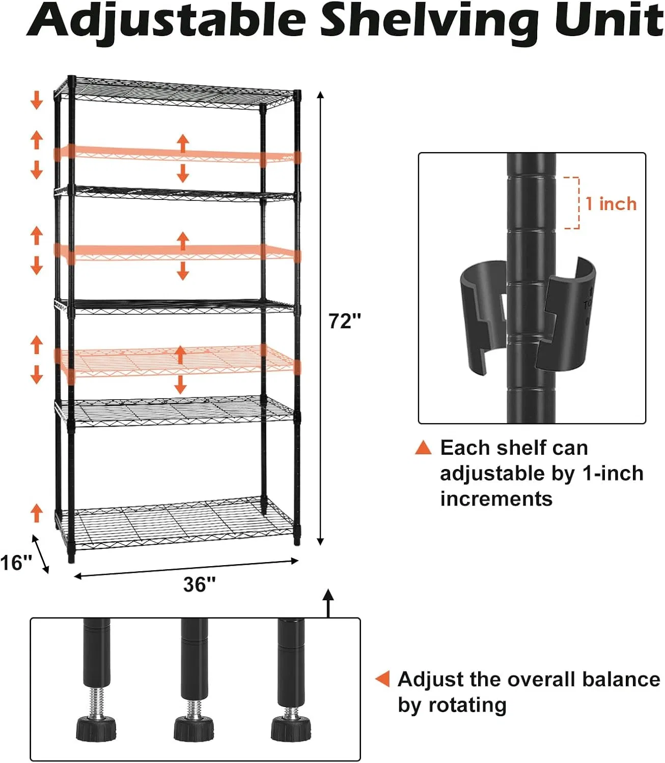 Five Tier Shelving Unit with Wheels, Adjustable Metal Storage Racks for Kitchen Garage Use