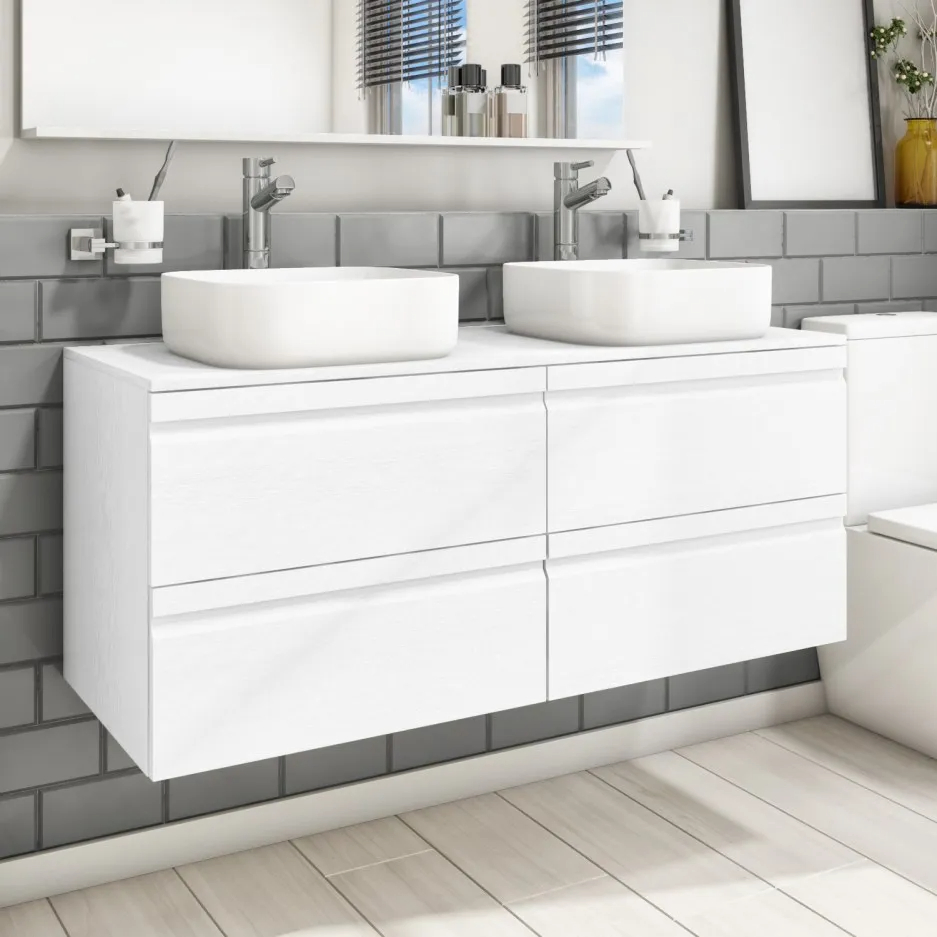 Modern Plywood Sink Furniture Floating Bathroom Vanity Combo with Marble Top Ceramic Basin Side Box Chest of Drawers Lighting Mirror Medicine Cabinet