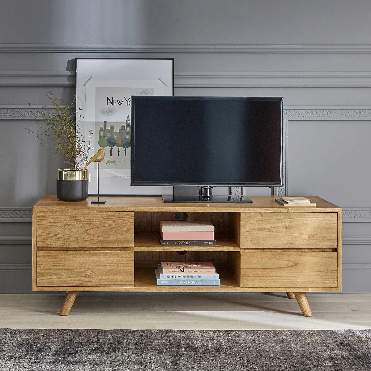 Classic Homey Solid Wood TV Stand with Metal Frame &amp; Multi - Drawer Storage Cabinet for Family Room or Bedroom