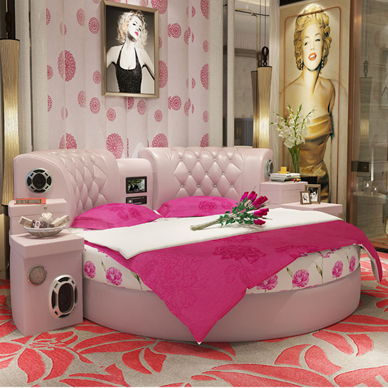 Modern Multifunctional Leather Luxury Bed Hotel Home Smart Furniture Bedroom Wooden Double Massage Soft Round Bed