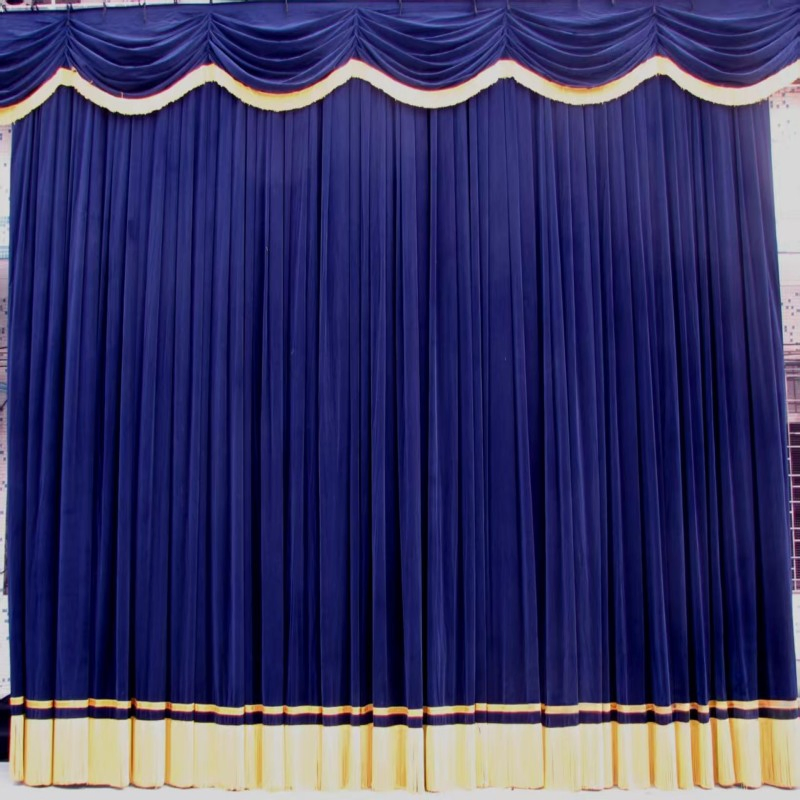 Theater&Auditorium Custom Flame-Retardant Dark Blue Stage Curtain with Swags Velvet Backdrop Curtain/Drape
