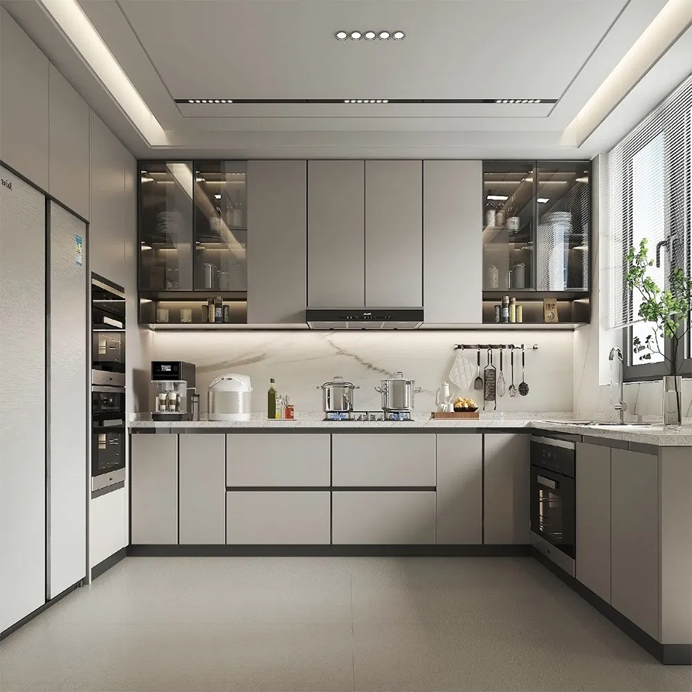 Lacquer White Kitchen Cabinet Set U Shape Apartment Design Plywood Kitchen Furniture with Wall Pantry Cupboard