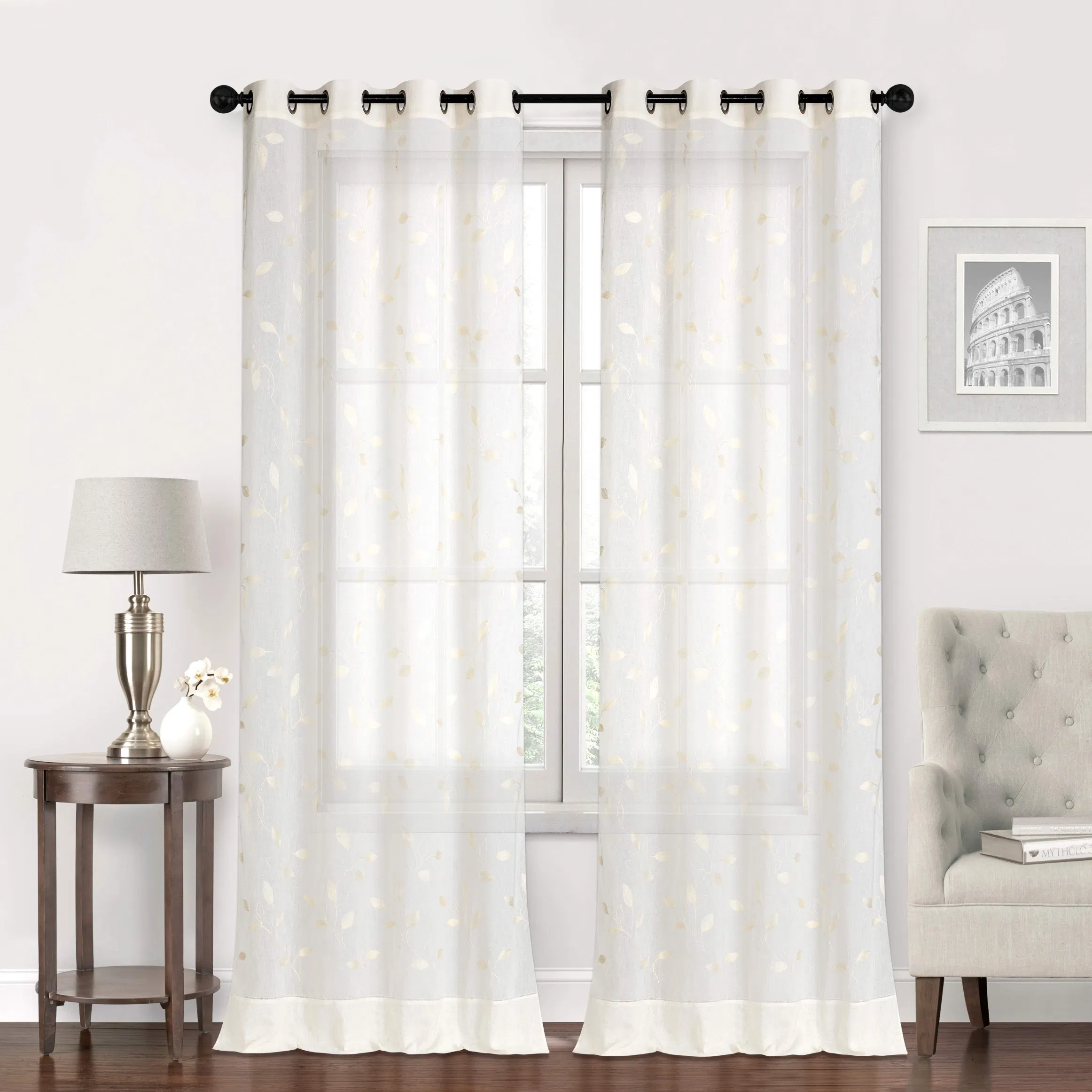 Leaf Sheer Curtains Embroidered Floral Farmhouse Light Filtering Window Silver Sheer Drapes for Living Room Bedroom