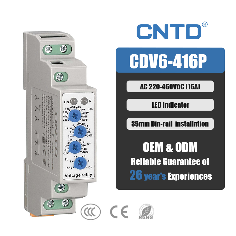 CNTD CDV6-416P IP20 Three-Phase Voltage Monitoring Switch 460VAC 45-65Hz Epoxy Protected DPDT Phase Sequence Protector 16A 460V