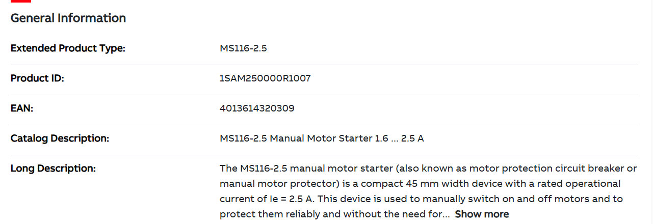 MS116-2.5 Manual Motor Starter with 1.6-2.5 a Capacity 1SAM250000R1007 for PLC Programming and Industrial Control